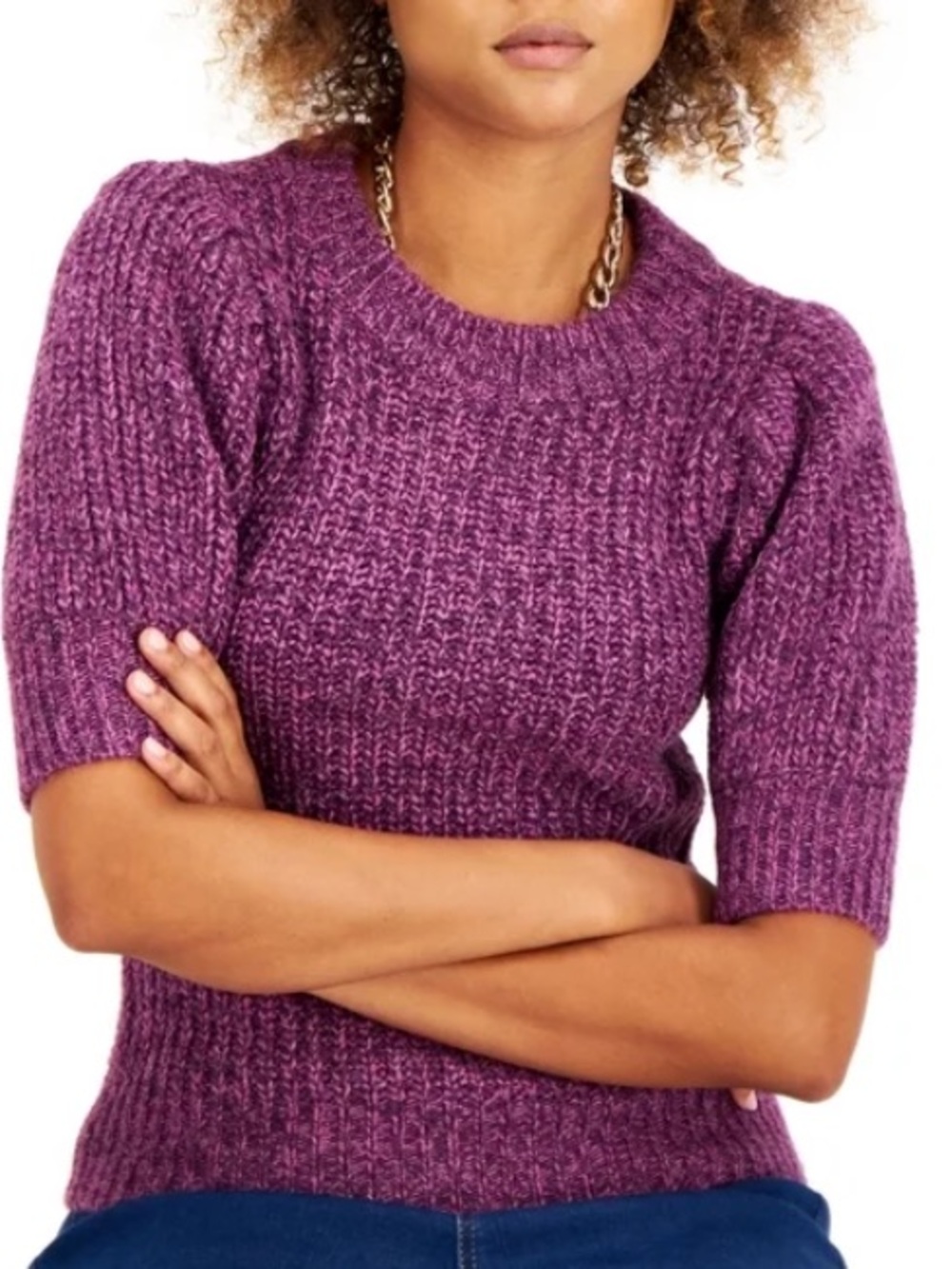 INC PURPLE MARLED PUFF SLEEVE SWEATER